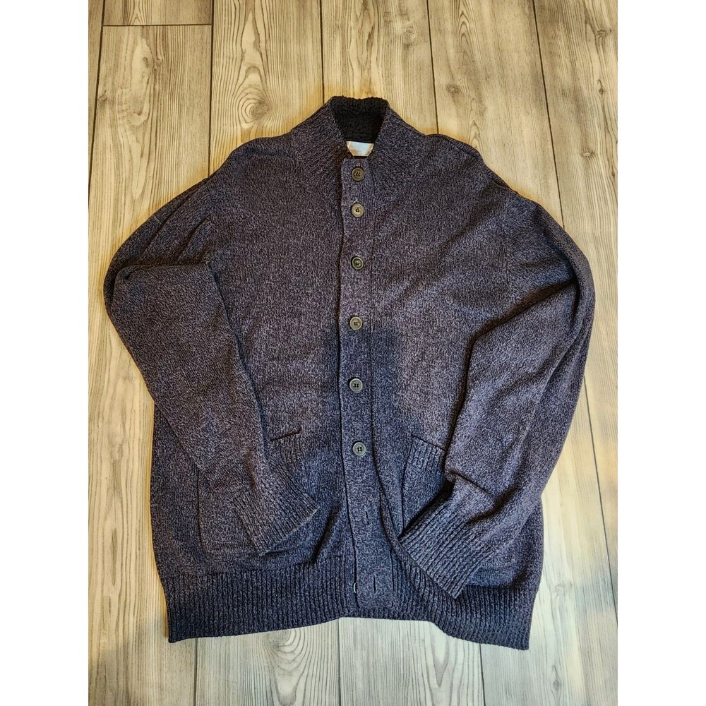 OSCAR DE LA RENTA Cardigan Mens Size L Blue 100% Cotton Faux Fur Lined Collar